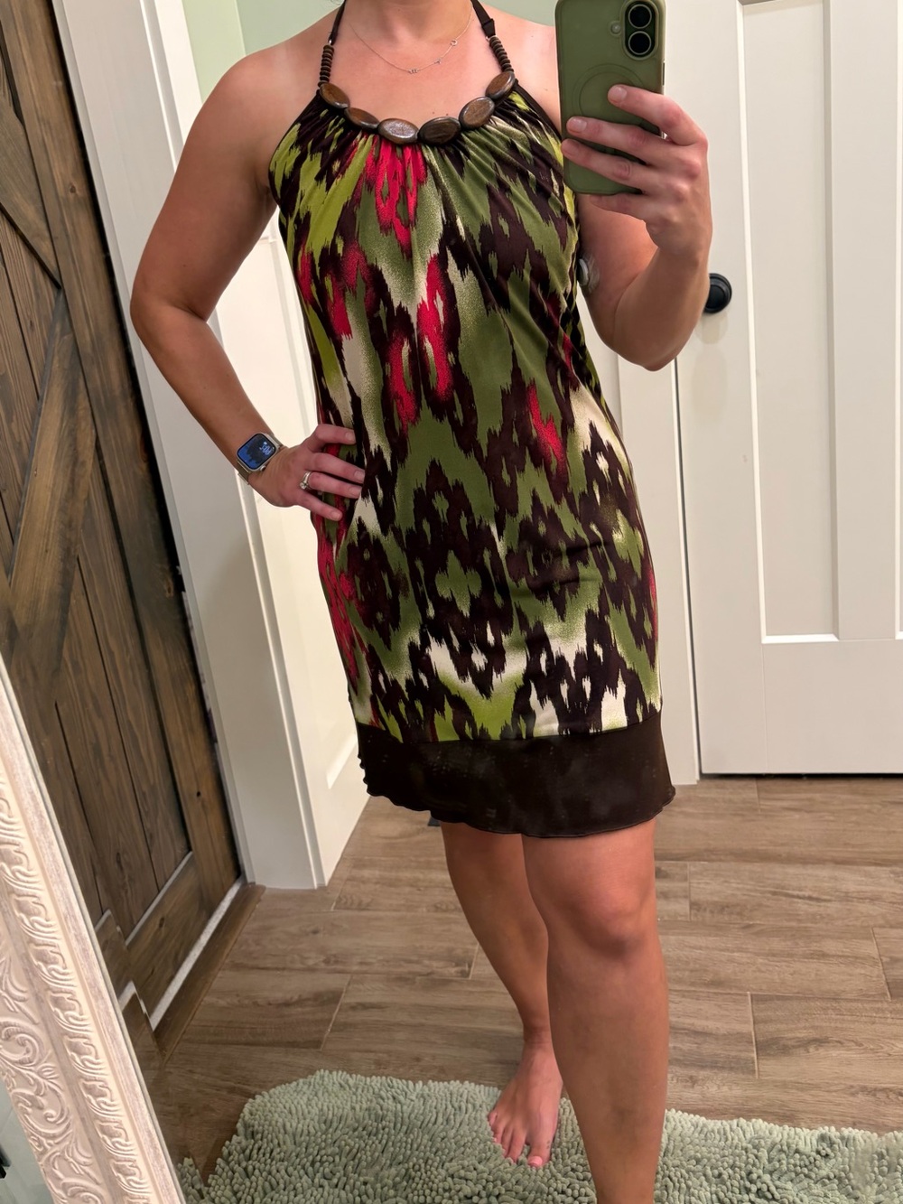 Byer California Beaded Halter Dress in Olive, Brown & Magenta